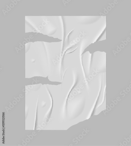 Paper wrinkled torn poster flyer, vector ripped glued white wet paper sheet, old blank template with crumpled texture