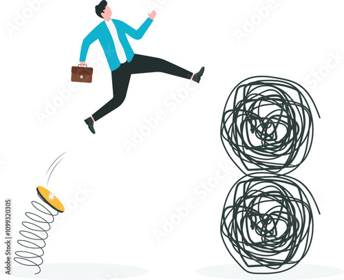 Overcoming difficulty to achieve target, aspiration to finish mission, facing business obstacle for success and experience concept, Businessman jumping over messy ball to reach target.

