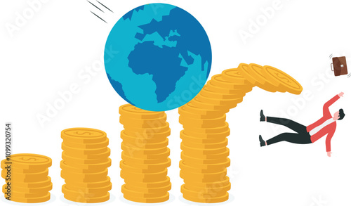 Impact of global economic recession on business, company revenue and profit decline, financial domino effect concept, Businessman dodging from collapsed bar graph which was attacked by globe.

