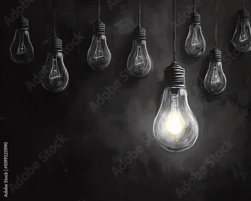 Chalkdrawn lightbulbs on a blackboard photo