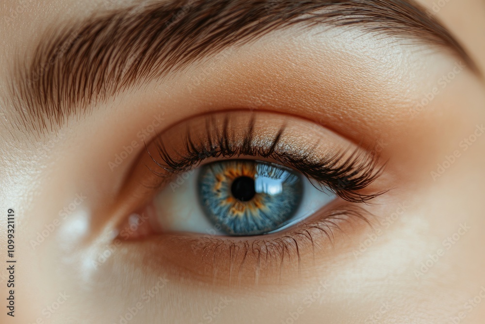 Obraz premium Close up studio shot of beautiful female eye with eyeliner and makeup, beauty photography on neutral background.
