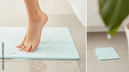 A wet foot steps onto a pale blue bath mat in a bathroom