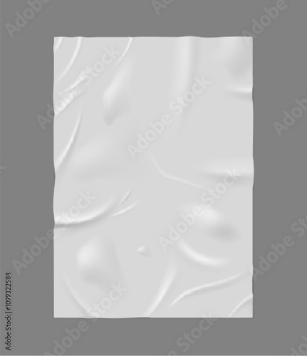 Paper wrinkled poster or flyer, glued wrinkles rectangle white sheet, vector realistic wet crumpled vertical paper blank