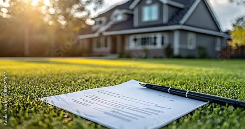 House with a real estate contract signature section on grass with a pen beside it, property signing, homeownership, legal agreement