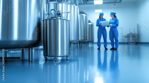 Professional laboratory workers in blue overalls inspecting equipment in a modern manufacturing facility, emphasizing hygiene and safety standards for production processes. photo