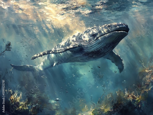 A majestic whale swims gracefully in the deep ocean, showcasing the beauty of marine life under the shimmering water.