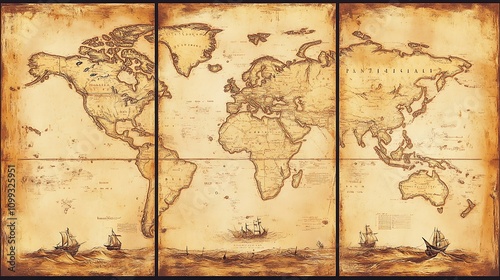 Vintage world map across three panels, detailed illustrations of continents and oceanic elements, faded sepia tones, distressed old paper texture, antique cartographic style, photo