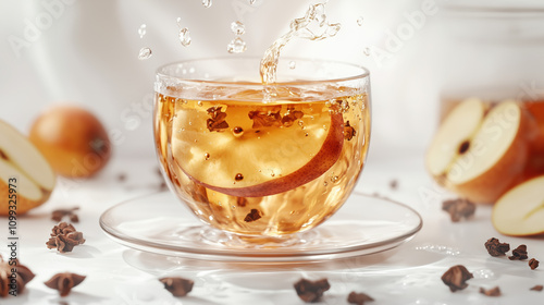 Spiced Pear Tea Floating on a Clean White Background, Perfect for Fall and Winter Beverage Photography photo