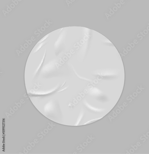 Glued wrinkles round white paper sticker vector realistic icon, circle label crumpled tape, empty adhesive uneven tag