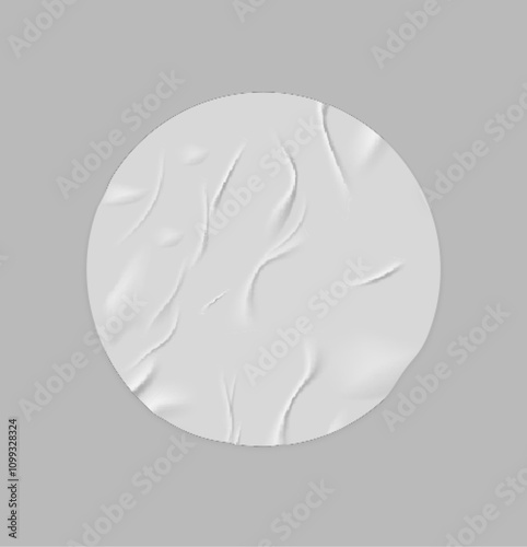 Glued wrinkles round shape white paper sticker, vector realistic circle label crumpled tape, empty adhesive creased tag