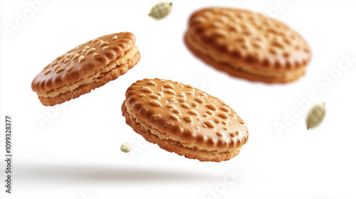 Honey Cardamom Biscuit Floating on a Clean White Background, Isolated for Sweet Biscuit Photography photo