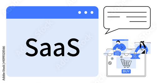 SaaS text in a web browser window, online shopping cart and customer support visuals. Ideal for technology presentations, e-commerce, customer service, cloud computing, software development, business