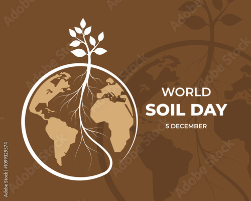 World soil day - White plant tree and line root roll around circle globe world on brown background vector design