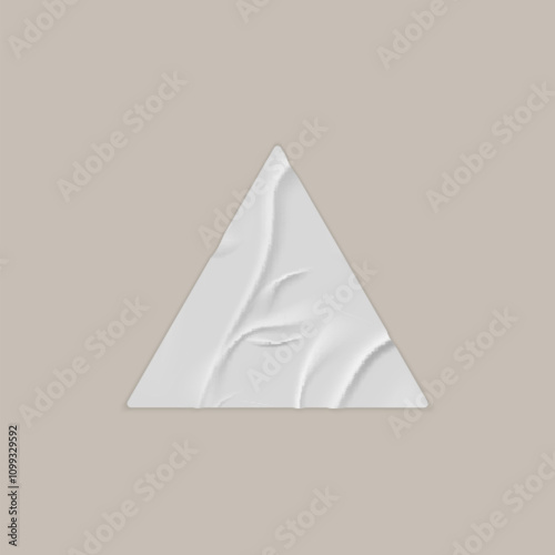 Glued wrinkle triangle white paper sticker vector realistic icon, crumpled label tape, uneven adhesive tag on beige