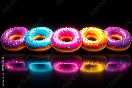 A vibrant display of colorful donuts with sprinkles against a dark background.