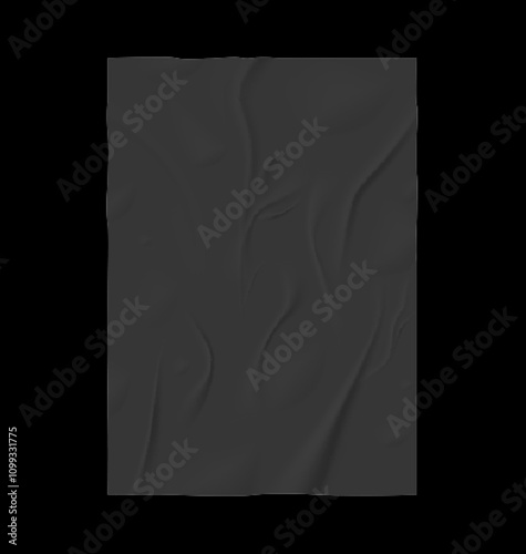 Paper wrinkled poster flyer, glued uneven rectangle grey placard, vector realistic wet paper sheet crumpled dark texture