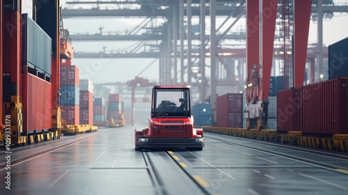 Automated Guided Vehicle (AGV) in Smart Container Terminal: Daylight Robotics, Laser Guidance, and Stacking Cranes in 8K Ultra HD Technical Photography.