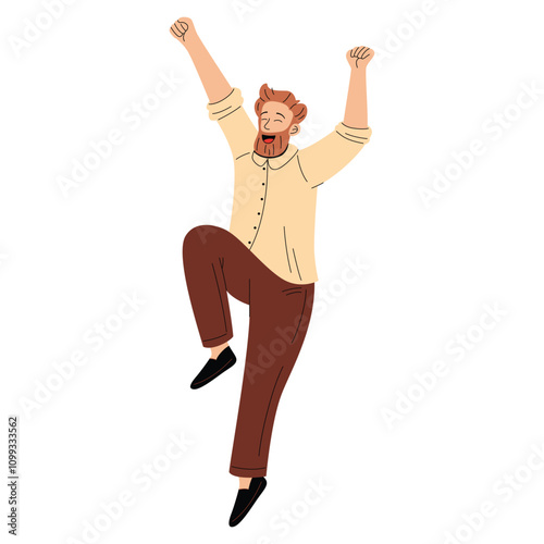 Man jumping high with happiness, showing success and positivity. Vector illustration on white.
