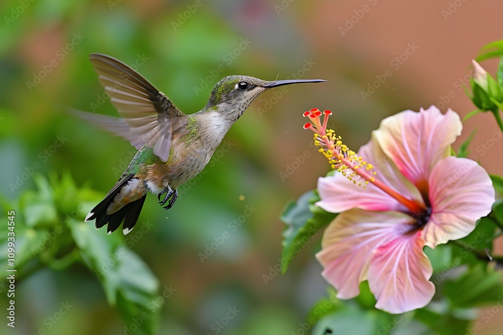 Fototapeta premium Hummingbird Hovering Near Pink Hibiscus Flower Nectar