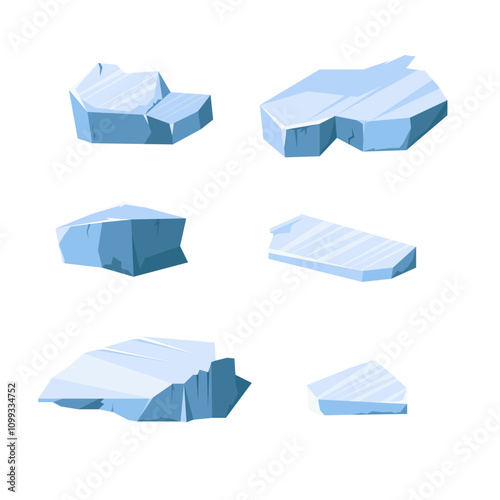 Iceberg. Floating glaciers, ice cubes and blocks. Arctic and Antarctic landscape elements. Icy crystal rocks in cold water. Winter decorative objects. Vector cartoon flat style isolated illustration