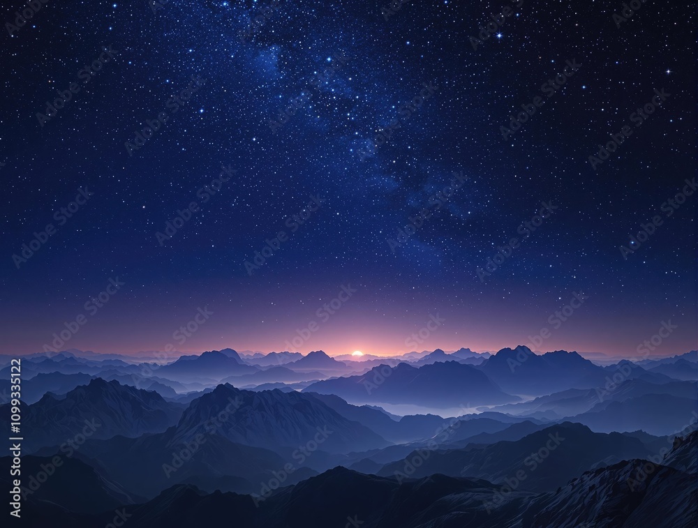 Fototapeta premium A serene and starry night sky over a mountain range , celestial bodies, peaceful atmosphere, galaxy background, serene landscape