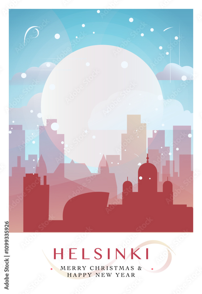 Obraz premium Christmas Helsinki retro poster for winter festives, New Year. Geetings, happy holidays and merry xmas from Finland vector postcard layout