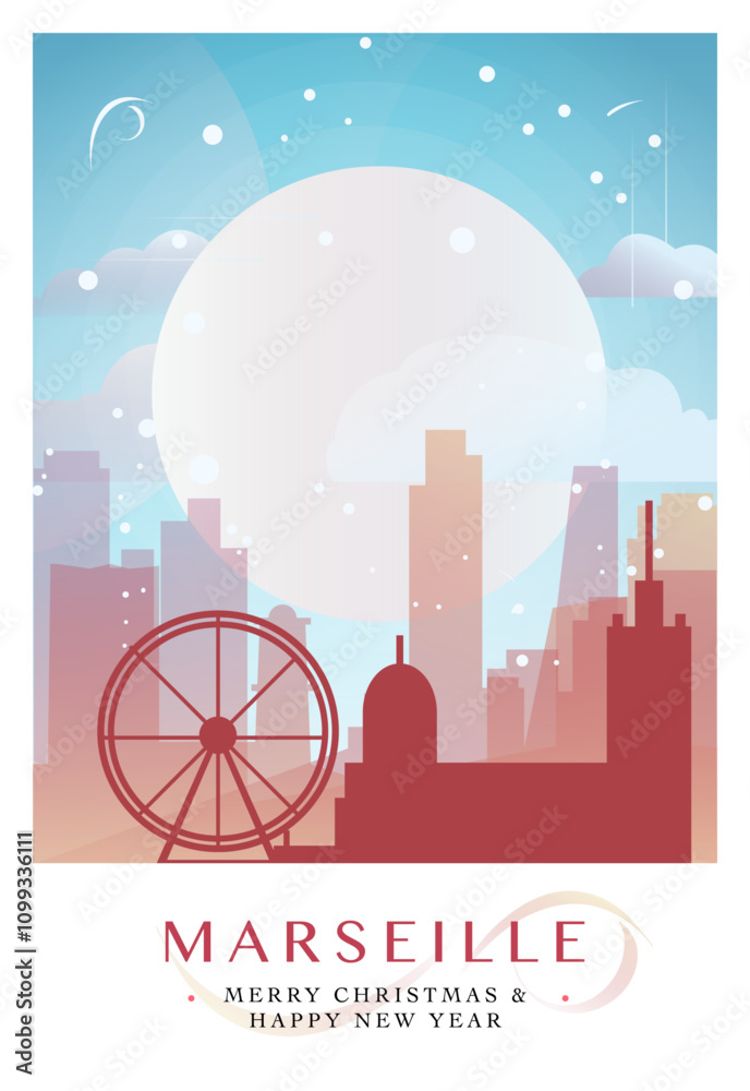 Obraz premium Christmas Marseille retro poster for winter festives, New Year. Geetings, happy holidays and merry xmas from France vector postcard layout