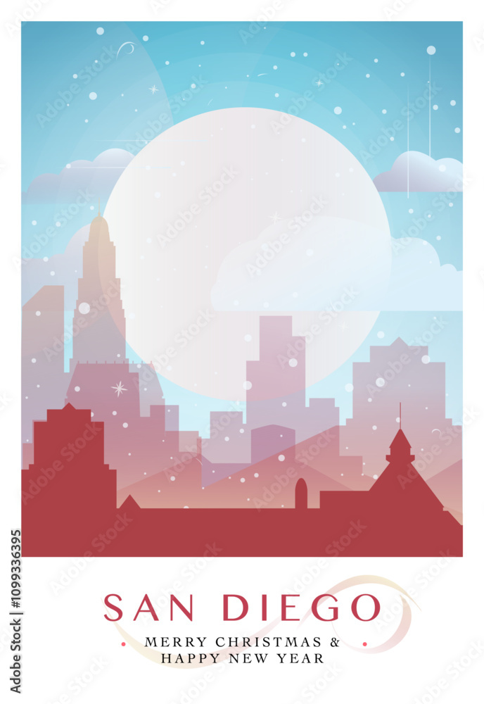 Obraz premium Christmas San Diego retro poster for winter festives, New Year in USA. Geetings, happy holidays and merry xmas from California, United States of America vector postcard layout