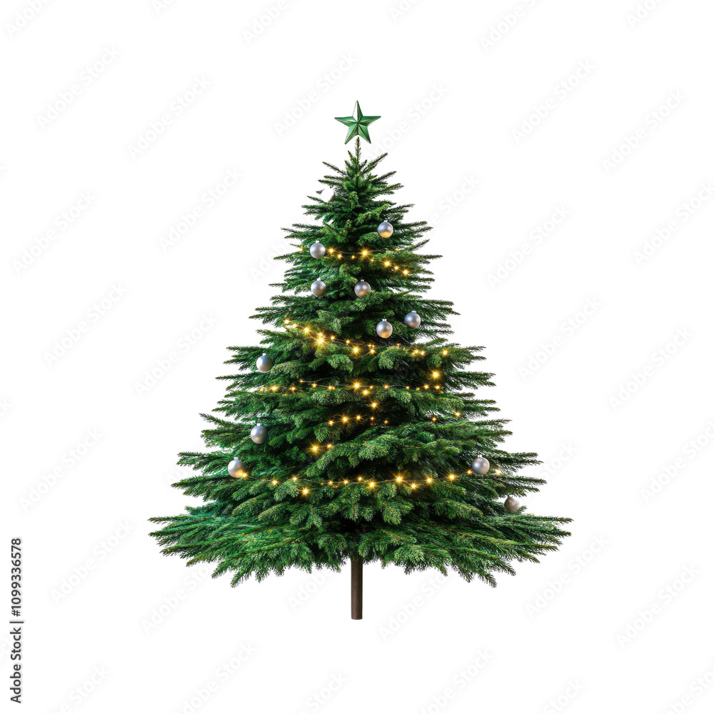 Fototapeta premium Illuminated Christmas Tree with Silver Ornaments and Star