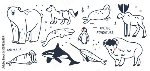 Arctic animals line. Doodle Polar birds and mammals. Northern cute inhabitants. White bear, elk, killer whale, bison. Cute arctic fox, hare, penguin. Cartoon flat isolated north wildlife fauna set