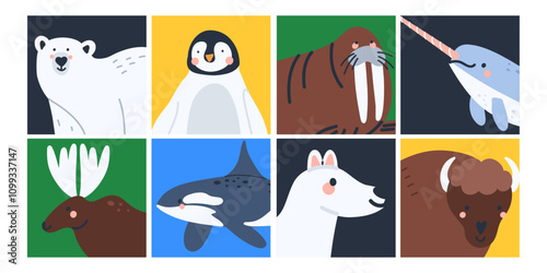 Arctic animals icon. Polar birds and mammals cards or posters. Northern cute inhabitants. White bear, elk, killer whale, bison. Cute cartoon flat isolated north wildlife fauna illustrations print set