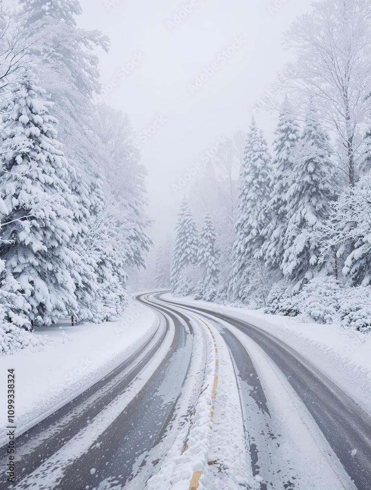Fototapeta premium A snowy road winding through a dense winter forest, winding, cold, landscape, nature