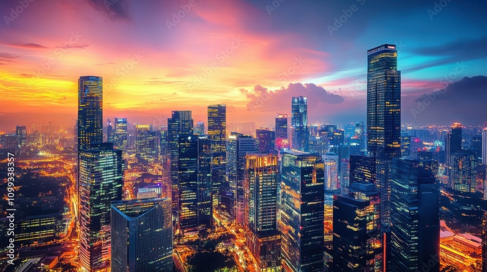 Obraz premium Skyline of a modern city at dusk with tall buildings and lights, urban landscape with vibrant colors, cityscape at golden hour
