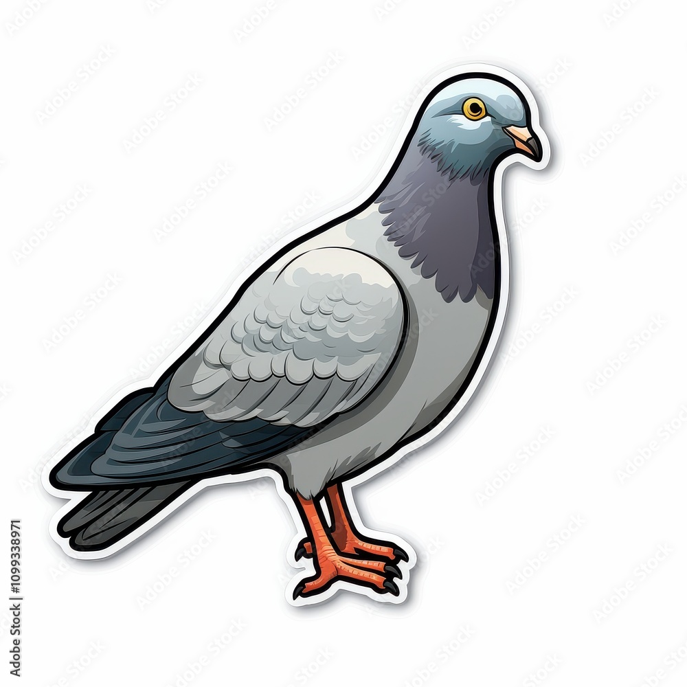 Fototapeta premium A gray pigeon displays distinct plumage colors, standing confidently with its gaze forward. Its environment features hints of greenery under bright sunlight, suggesting a lively atmosphere