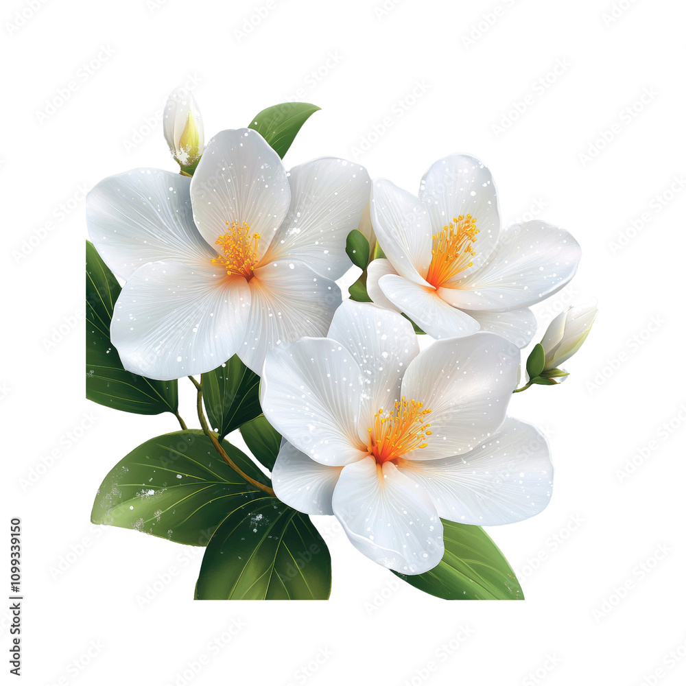 Obraz premium Delicate White Flowers with Dew Drops - Floral Illustration