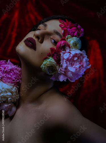 Portrait of a woman with her face surrounded by flowers, with dark lipstick in a dark tone