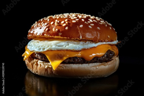 Burger with Fried Egg. Closeup of Americal Cheeseburger on Table with Black Background photo