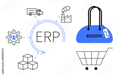 ERP surrounded by icons including shipping truck, factory, gear, boxes, shopping cart, and handbag. Ideal for business management, supply chain, manufacturing retail automation logistics