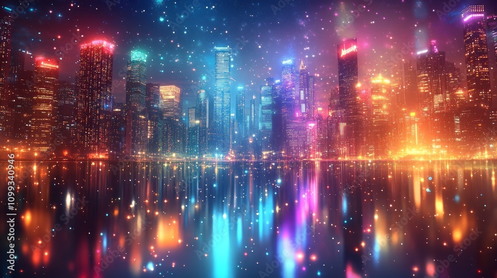 Fototapeta premium Vibrant cityscape at night, reflected in calm water, with colorful lights and sparkling particles.