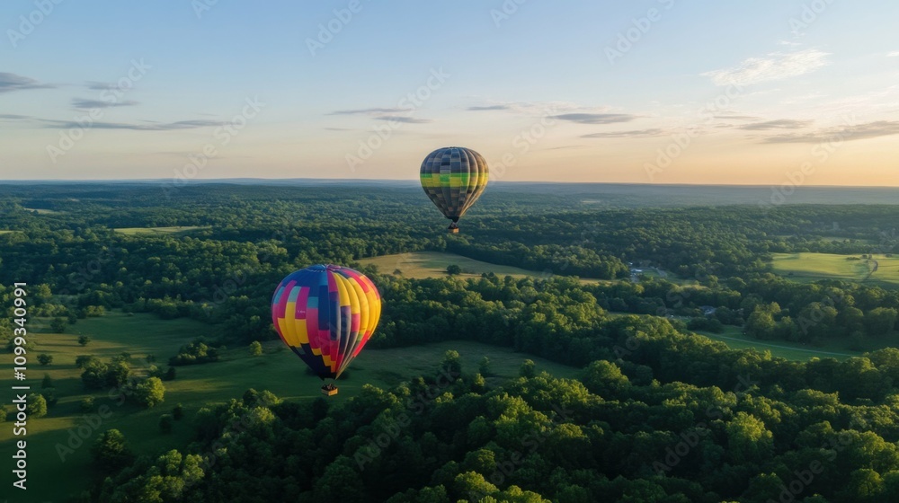 Fototapeta premium Bright hot air balloons floating over a scenic landscape