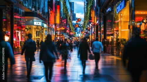 People walking on a city street during evening rush hour, neon signs and colorful reflections, bustling urban nightlife