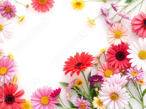 Multicolored flowers forming a vibrant frame on a white background with empty space in the middle, blooming, design