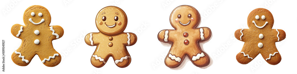Obraz premium Cartoon-style gingerbread cookies, isolated on white background. Collection Set PNG.