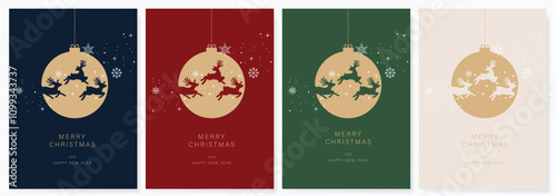 Christmas and Happy Holidays invitation card design vector. Minimal Happy New Year , Christmas tree, bauble on emerald green background. Design for Season's Greeting, Christmas, cover.