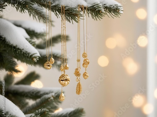 gold jewelry, chains with pendants, hanging on a Christmas tree branch photo