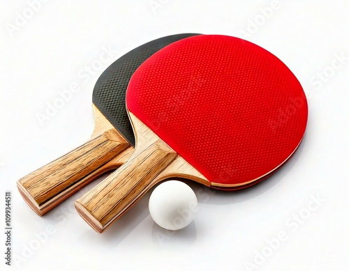 Two table tennis paddles with a ball