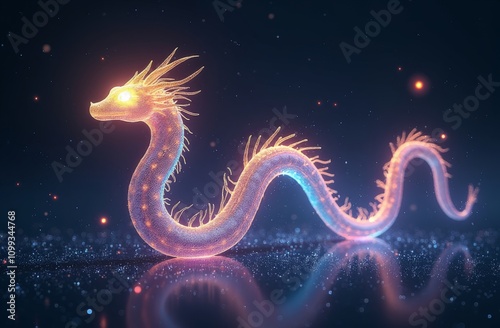 Fantasy glowing bioluminescent dragon with fiery eyes photo