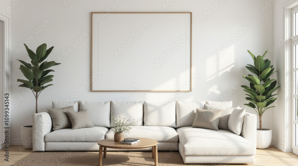 Naklejka premium Modern Living Room Decor with Blank Art Mockup Frame for Interior Design Inspiration - Bright and Vibrant Home Space