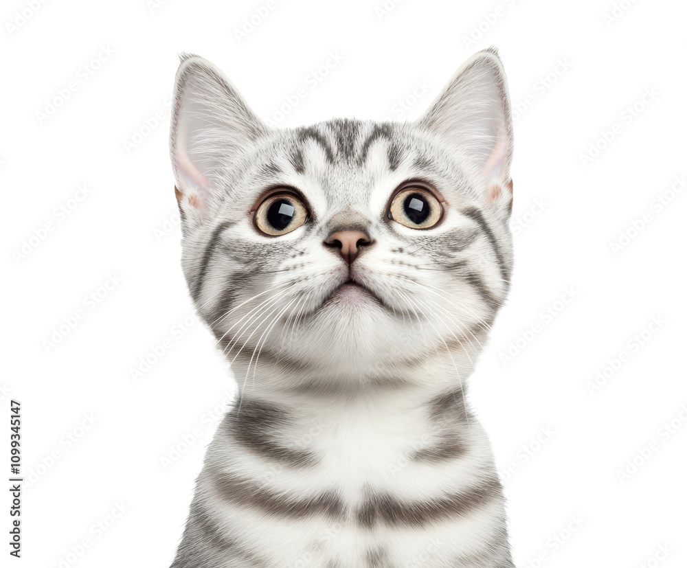 Fototapeta premium A close up of a young silver tabby kitten looking up with wide eyes against a black background.