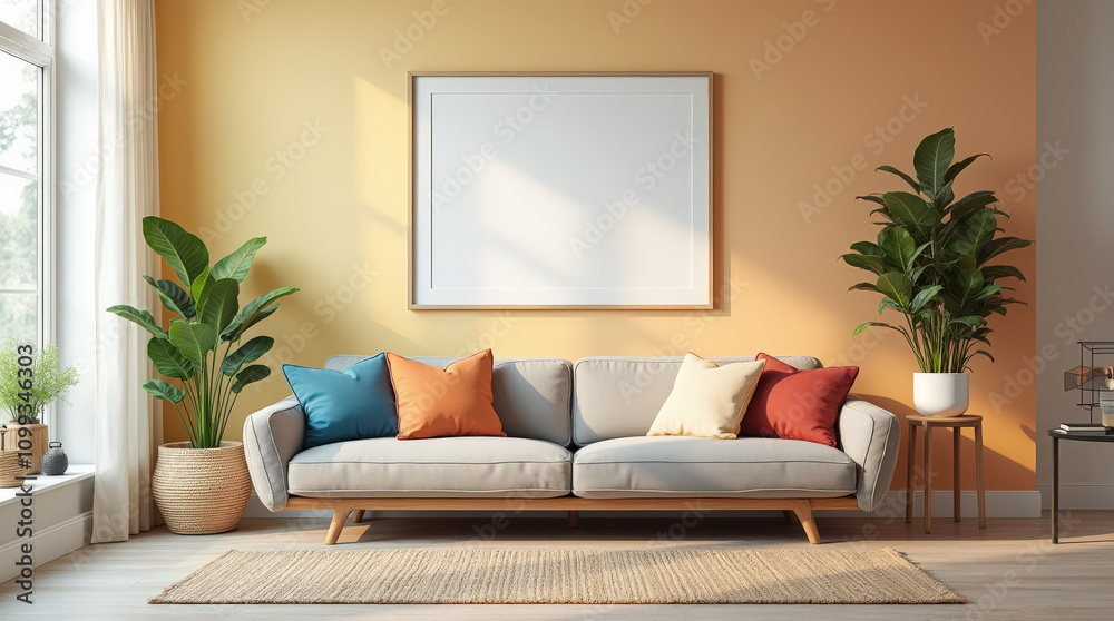 Naklejka premium Modern Living Room Decor with Blank Art Mockup Frame for Interior Design Inspiration - Bright and Vibrant Home Space
